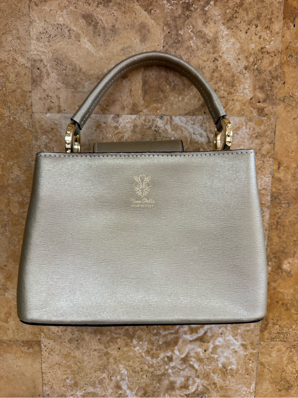Elegant Leather Metallic Taupe/Gold Top-Handle Women’s Bag with Shoulder Strap